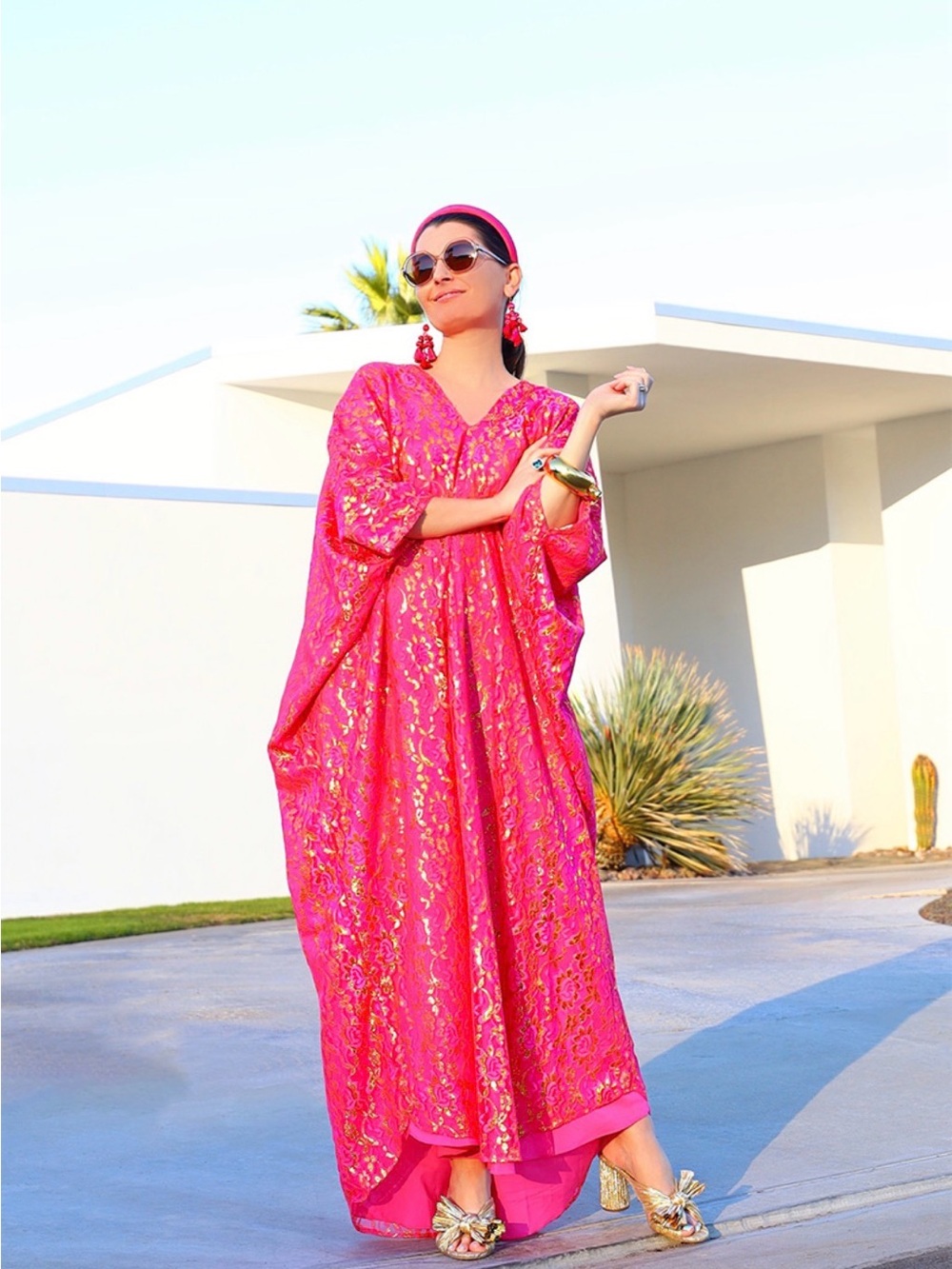 Teggy French Pink Lace Overlay Kaftan Dress with Gold Detail